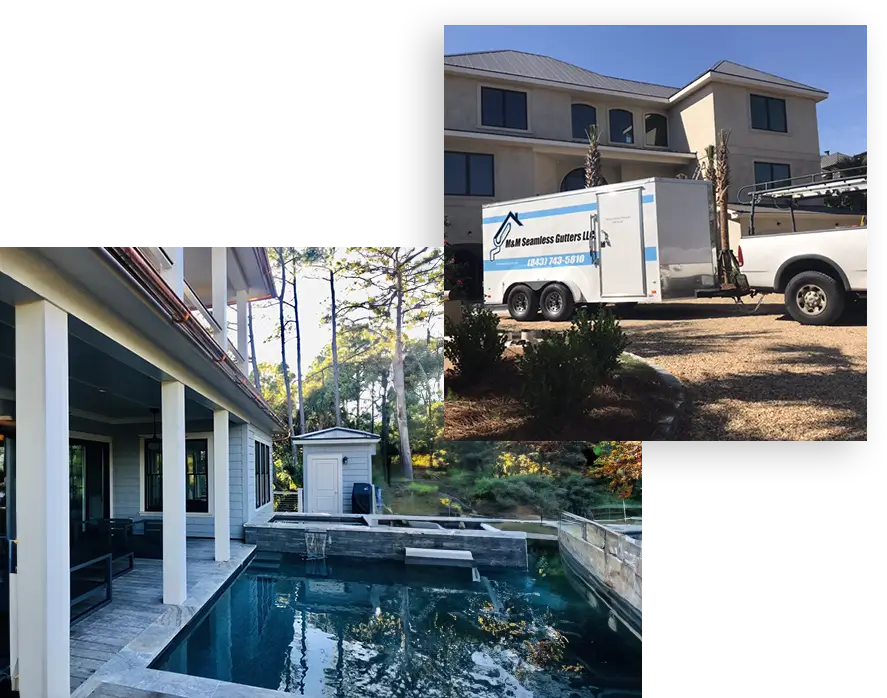 A modern residential poolside area with a building and a signboard.